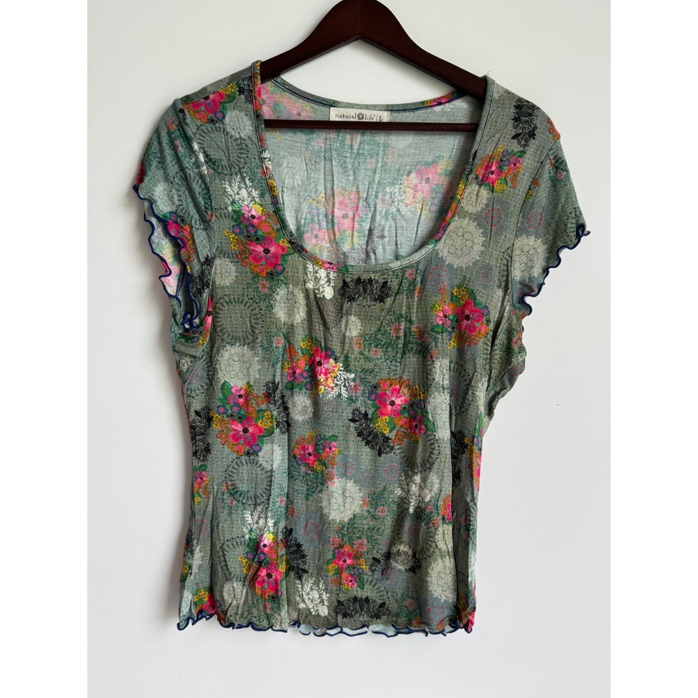 Natural Life Floral Medallion Scoop Neck Top Lettuce Edge Green Boho Large